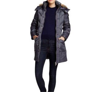 Sam Edelman Down Filled Parka Winter Puffer Jacket Long Navy Coat Faux Fur Hood